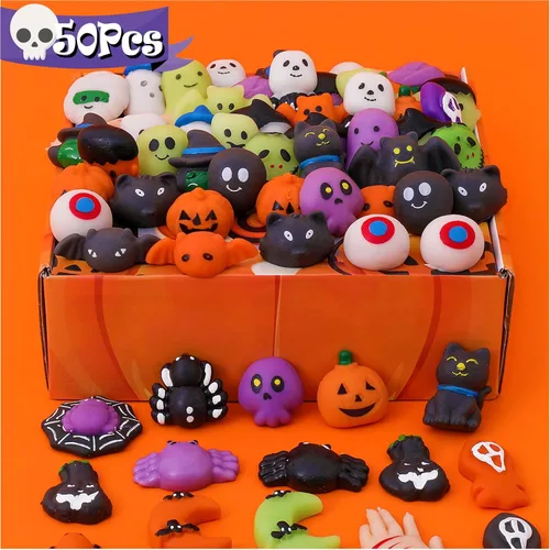 Paquete de 50 bolsas de golosinas de Halloween, juguetes esponjosos Mochi, recuerdos de fiesta para niños, juguetes para la ansiedad Kawaii
