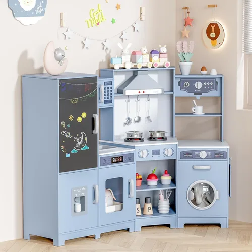 Miniatura 8 de MAMIZO Cocina de Esquina de Madera de Juego, Gran Set de Juego de Cocina Interactivo Definitivo para Niños Pequeños de Simulación con Pizarra, Azul