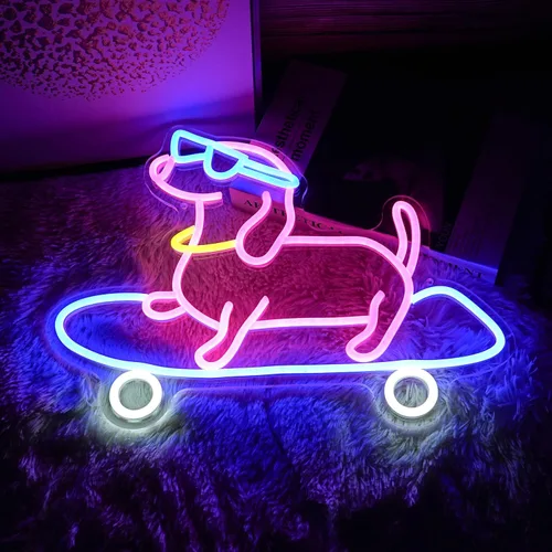 Miniatura 4 de Letrero de neón para perro monopatín regulable divertido Dachshund Skateboarding LED luz de neón decoración de pared para dormitorio, bar, sala
