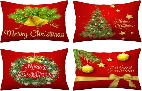 Miniatura 8 de Juego de 4 fundas de almohada de Navidad de 12 x 12 pulgadas, fundas de almohada de terciopelo de Navidad, fundas de almohada doradas y rojas