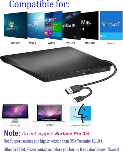 Miniatura 5 de Unidad externa de CD de DVD, USB 3.0 Tipo-C Ultra Slim Drives CD DVD RW Player/DVD CD ROM Drive/Writer/Rewriter/USB CD Burner Compatible con Mac