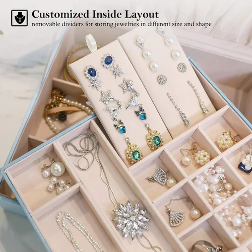 Miniatura 4 de ProCase - Joyero grande de cuero con dos niveles para organizar aretes pulseras anillos relojes para mujeres niñas regalo ideal para novia o esposa