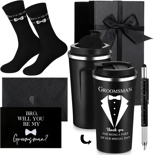 Nuanchu 6 piezas de regalo oficial para padrinos de boda, regalo de propuesta de boda para padrino de boda de 17 onzas, vaso de café, calcetines