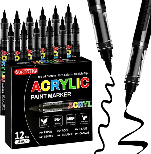 Surcotto 12 marcadores de pintura acrílica negra, bolígrafos y marcadores de punta de pincel suave, bolígrafos de pintura acrílica para madera,