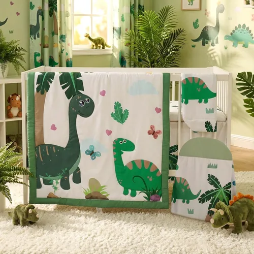 Miniatura 13 de Juego de ropa de cama de 4 piezas para cuna con animales del bosque, incluye falda de cuna de safari en la jungla, manta, sábana de cuna y apilador