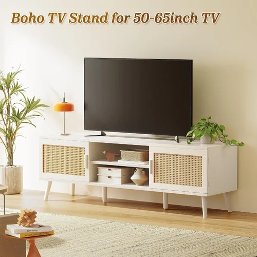 Miniatura 2 de SUPERJARE Soporte de TV para TV de 65 pulgadas, centro de entretenimiento con estante ajustable, consola de TV de ratán con 2 gabinetes, consola