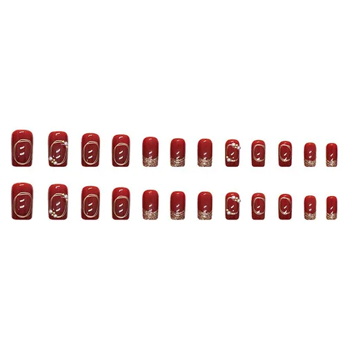 Miniatura 6 de Uñas postizas cuadradas de longitud media, uñas postizas acrílicas artificiales con diseños de diamantes de imitación de perlas rojas, juego de 24