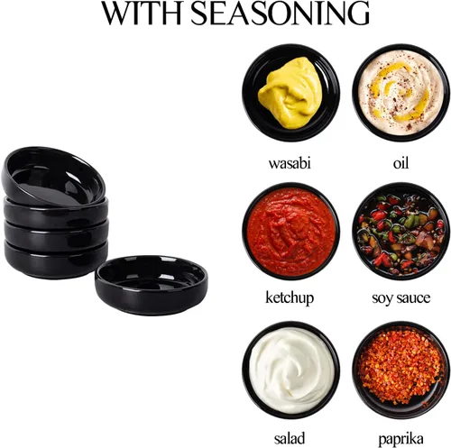 Miniatura 6 de DELLING Juego de 8 cuencos de inmersión negros de 3.5 onzas, tazas de salsa de porcelana, tazas de charcutería para salsa de soja, condimentos