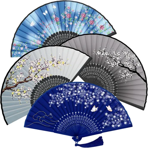 Miniatura 8 de WEARXI Ventilador de mano, 4 ventiladores de mano, ventilador plegable chino para mujer, plegable, ventilador de mano de bambú de seda, ventilador