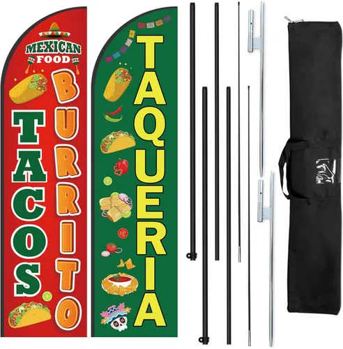 Tacos Burritos - Kit de asta de bandera de plumas de comida mexicana, publicidad comercial para tienda de restaurantes mexicanos incluye banderas de