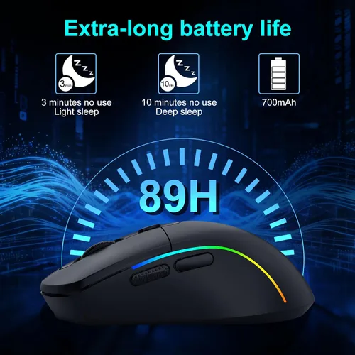 Miniatura 6 de E-YOOSO Mouse inalámbrico para juegos, 10,000 DPI, trimodo de 2.4 GHz/Bluetooth/USB-C con cable, retroiluminación RGB, 6 botones programables, mouse
