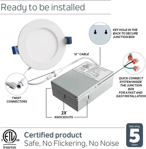 Miniatura 4 de Nadair Paquete de 12 luces LED empotrables ultra delgadas de 4 pulgadas, 9 W, 750 lúmenes, 3000 K (blanco cálido), ribete blanco y negro incluido