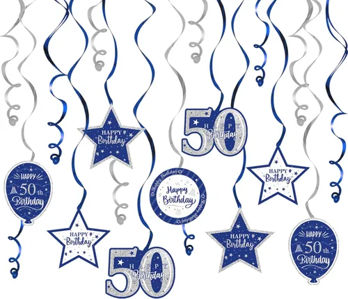 Miniatura 42 de Decoración de fiesta de serpentinas con purpurina azul y plateada de feliz 11º cumpleaños, 15 piezas de remolinos colgantes de 11 cumpleaños, cartel