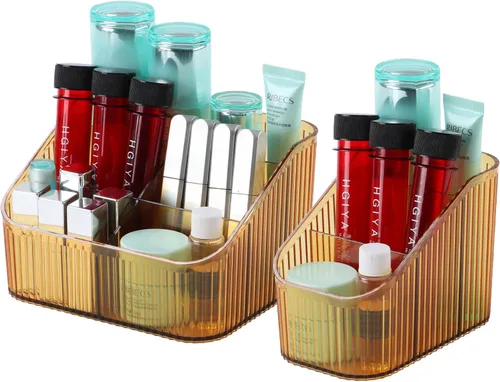 Miniatura 12 de Organizador de brochas de maquillaje ámbar para tocador, organizador de encimera de baño, 5 tazas, almacenamiento y exhibición de artículos