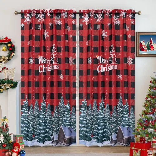 Miniatura 11 de Cortinas navideñas para sala de estar, cortina de ciervo de Navidad a rayas tartán, bolsillo para barra, cortinas decorativas para dormitorio