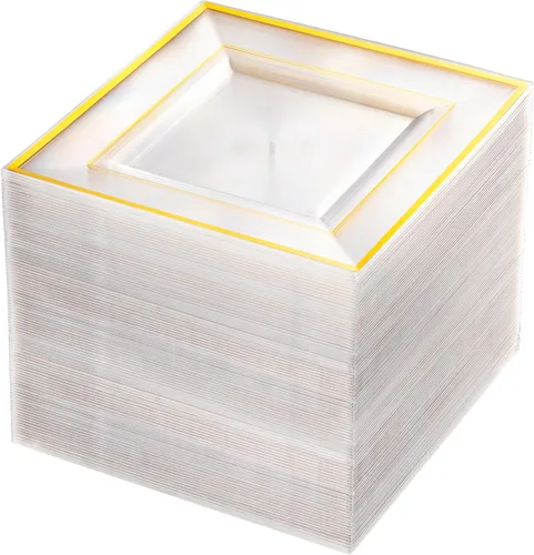 Miniatura 12 de bUCLA 100 platos cuadrados negros de plástico con borde dorado – Platos desechables de postre/aperitivo / pequeños pasteles de 6 pulgadas para Negro