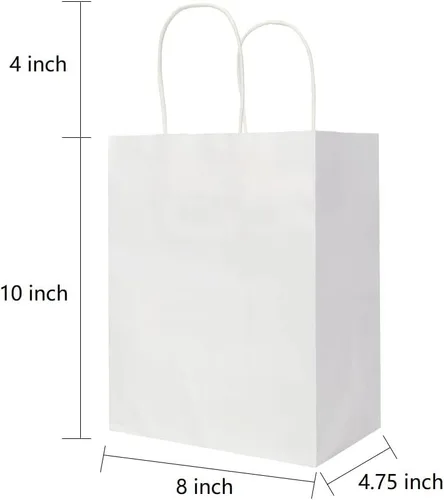 Miniatura 2 de Oikss Paquete de 100 bolsas de papel kraft blancas medianas de 8 x 4.75 x 10 pulgadas con asas a granel para favores de fiestas de cumpleaños, Blanco