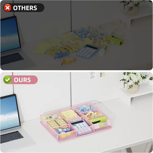 Miniatura 6 de Marbrasse Organizador de cajones de escritorio rosa 2P, bandeja organizadora de cajones de malla metálica con 5 compartimentos ajustables