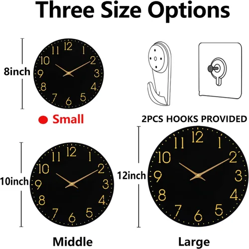 Miniatura 3 de Reloj de pared moderno, funciona con pilas, relojes de pared pequeños de 8 pulgadas, reloj de pared negro silencioso sin tictac, números dorados