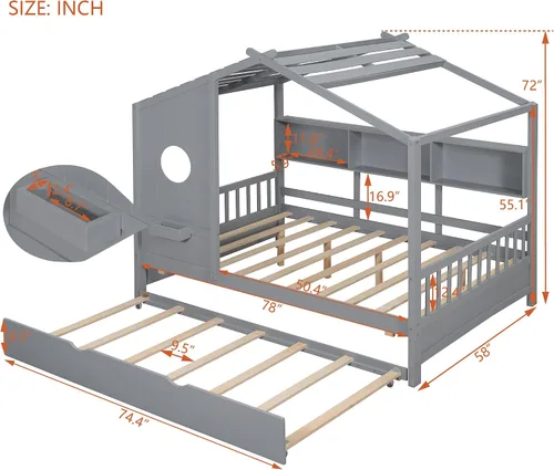 Miniatura 2 de SOFTSEA Cama de plataforma de tamaño matrimonial con nido y estantes de almacenamiento, marco de cama de madera con listones de soporte, cama