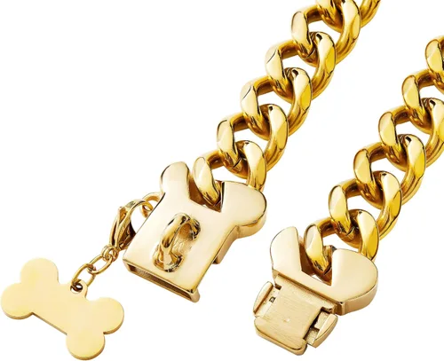 Miniatura 3 de Collar de acero inoxidable dorado para perros pequeños, medianos y grandes, collar de perro Bulldog francés con seguridad