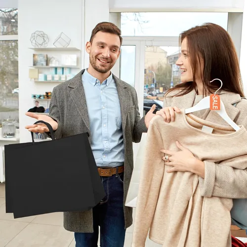Miniatura 9 de MESHA Bolsas de regalo grandes de 16 x 6 x 12 pulgadas, 50 unidades, bolsas de papel negro con asas a granel, bolsas de compras de papel kraft