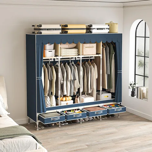 Miniatura 6 de Armario portátil con 4 cajones y 3 estantes, gran capacidad de 67 pulgadas, organizador colgante independiente con tapa para dormitorio, azul