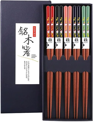 MFJUNS Juego de 5 pares de palillos japoneses reutilizables de madera natural, palillos japoneses ligeros y seguros, juego de regalo de 8.9 pulgadas