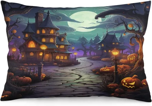 Miniatura 16 de Fundas de almohada frescas de casa embrujada, castillo, luna, bosque medieval, calabaza, fundas de almohada rectangulares con cremallera invisible