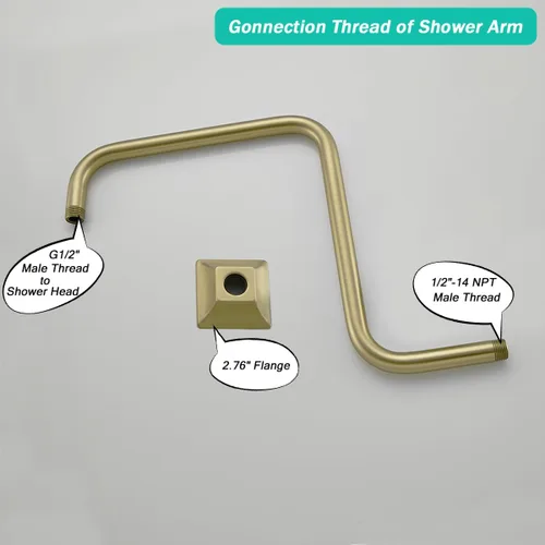 Miniatura 4 de Brazo de ducha de cuello de cisne de 16 pulgadas, extensión de cabezal de ducha dorado con brida única, conexión estándar de 1/2 pulgada Brida