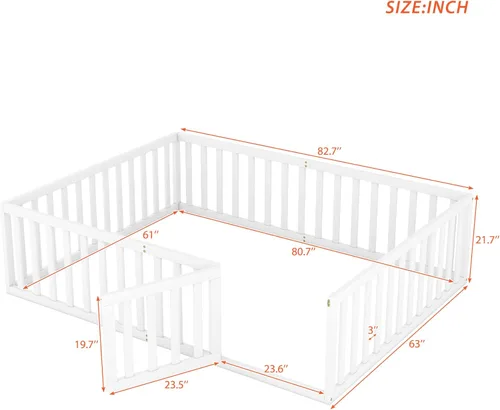 Miniatura 2 de Cama de plataforma tamaño Queen con valla, marco de cama de piso de madera maciza con puerta, marco de sofá cama tamaño Queen, color blanco