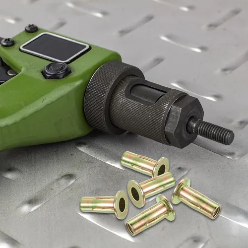 Miniatura 5 de uxcell Tuercas remachadoras multiagarre 1/4-20, 5 piezas de vástago preabombado cabeza plana roscada tuerca de inserción chapada en zinc dorado