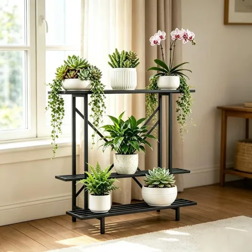 Zhongma Soporte para plantas de 3 niveles que ahorra espacio, resistente para balcón, hogar, jardín, soporte de metal resistente para plantas para