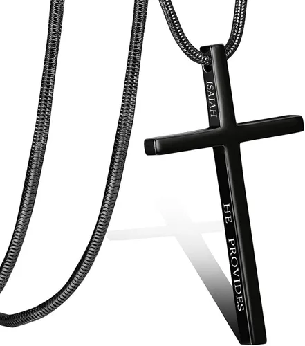 Miniatura 42 de Collar de cruz para hombre, regalo de Navidad, colgante de cruz, versículo bíblico, collares de acero inoxidable