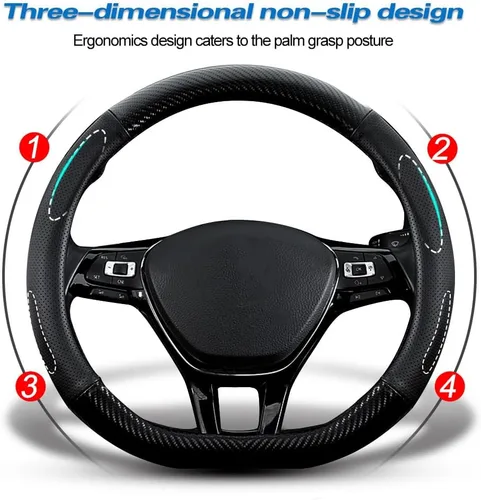 Miniatura 3 de Funda para volante de piel y fibra de carbono en forma de D, elegante funda antideslizante de cuero interior de automóvil de 15 pulgadas, universal