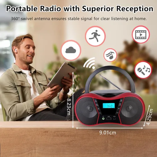 Miniatura 7 de Boombox Reproductor de CD Portátil, Reproductores de CD Portátiles para el Hogar, Reproductor de CD de Radio Estéreo con AUX/USB/FM/Bluetooth