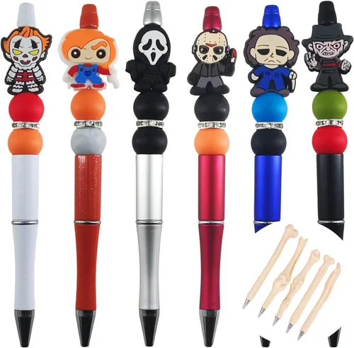 Miniatura 8 de 6 bolígrafos de rol de película de terror, novedosos bolígrafos de terror espeluznantes de Halloween para suministros escolares de oficina (ABCDEF)