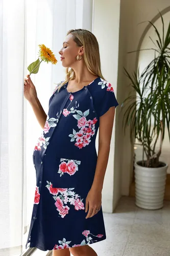 Miniatura 4 de Ekouaer Vestido de enfermería 3 en 1 para el partopartohospital, camisón de maternidad para lactancia materna con botón S-XXL