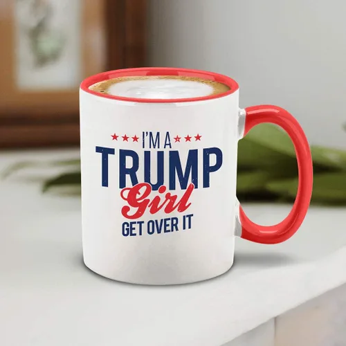 Miniatura 4 de Taza de café de cerámica con texto en inglés "I'm a Trump Girl Get Over It", regalo para ella, 11 onzas (mango rojo)