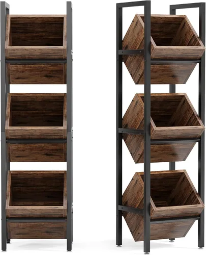 Miniatura 14 de LITTLE TREE Soporte de Cesta de 3 Niveles, Unidad de Estantería de Pie de Madera, Organizador de Almacenamiento Rústico de Pie para Cocina, Baño