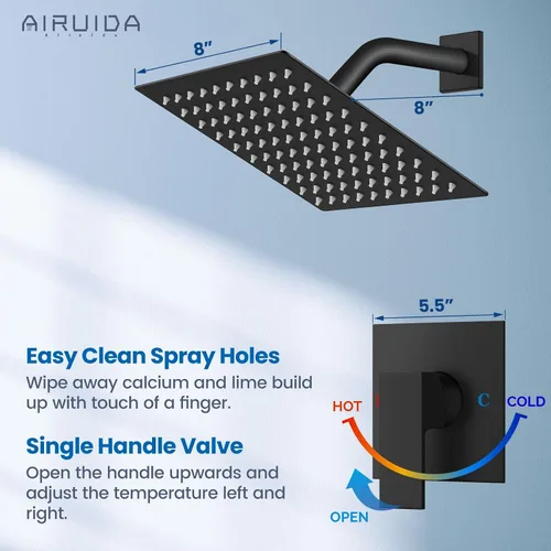 Miniatura 4 de Airuida Juego de grifo de ducha para baño, sistema de ducha de lluvia de 8 pulgadas, cabezal de ducha cuadrado de una sola función, 1 mango