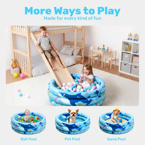 Miniatura 7 de Sloosh Piscina inflable para niños, 34 x 10 pulgadas, piscina inflable para niños, 3 anillos, piscina azul para bebés para niños, hoyo de juego