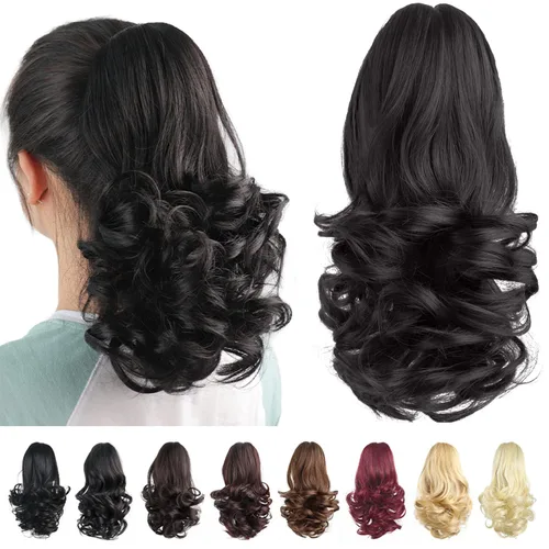 Miniatura 38 de Extensiones de cola de caballo, extensiones de cabello rizado con clip de garra de color marrón oscuro para mujer, peluca sintética de cola