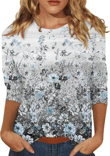 Miniatura 90 de Camisetas de manga 3/4 para mujer, cuello redondo, holgadas, casuales, con estampado floral, camisetas de moda para el trabajo de negocios