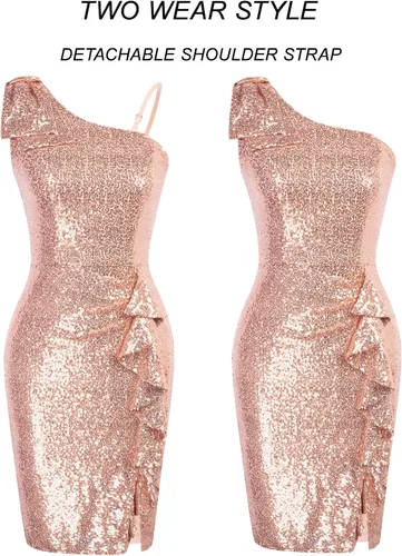 Miniatura 2 de Belle Poque Vestido ajustado de lentejuelas para mujer, vintage, de un hombro, brillante, con flecos, para cóctel, fiesta, club