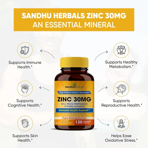 Miniatura 8 de SANDHUHERBALS Cápsulas de zinc de 30 mg para hombres y mujeres 120 unidades (paquete de 1) Suplementos de zinc para apoyo inmunológico