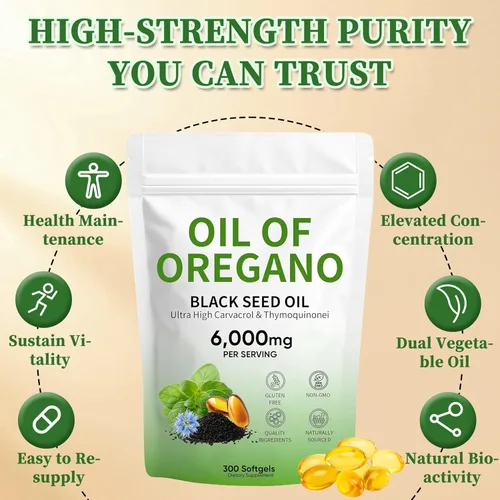 Miniatura 4 de Aceite de cápsulas blandas de orégano, con aceite de semilla negra y timoquinona, 300 unidades, 6000 mg, sin OMG, 2 en 1 formulado con Carvacro de 4