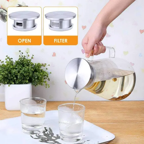 Miniatura 5 de Jarra de vidrio resistente al calor con tapa de acero inoxidable, jarra de agua con asa, buena jarra de bebidas para jugo casero y té helado, 50.7