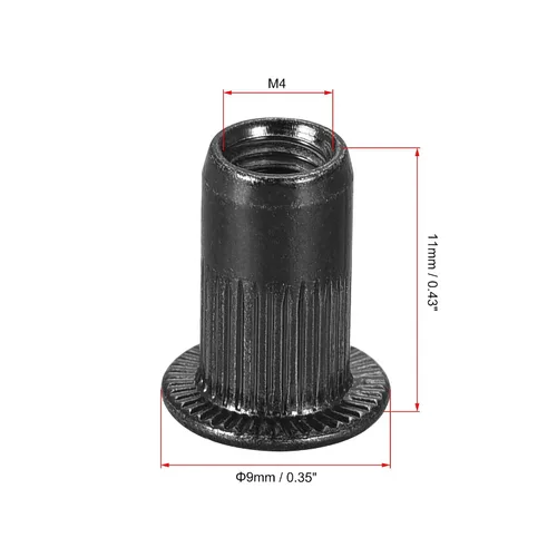 Miniatura 2 de uxcell Tuercas de remache M4 de acero al carbono chapadas en zinc moleteado cabeza plana roscada tuerca de inserción negra 20 piezas