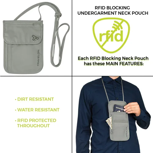 Miniatura 6 de Travelon Cartera de viaje con bolsa de cuello para ropa interior, Gris, Bolsa de cuello de ropa interior con bloqueo RFID